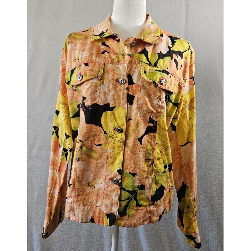 Chico's Womens Linen Blend Shacket Top Size 8 Floral Orange Black Coastal Classy